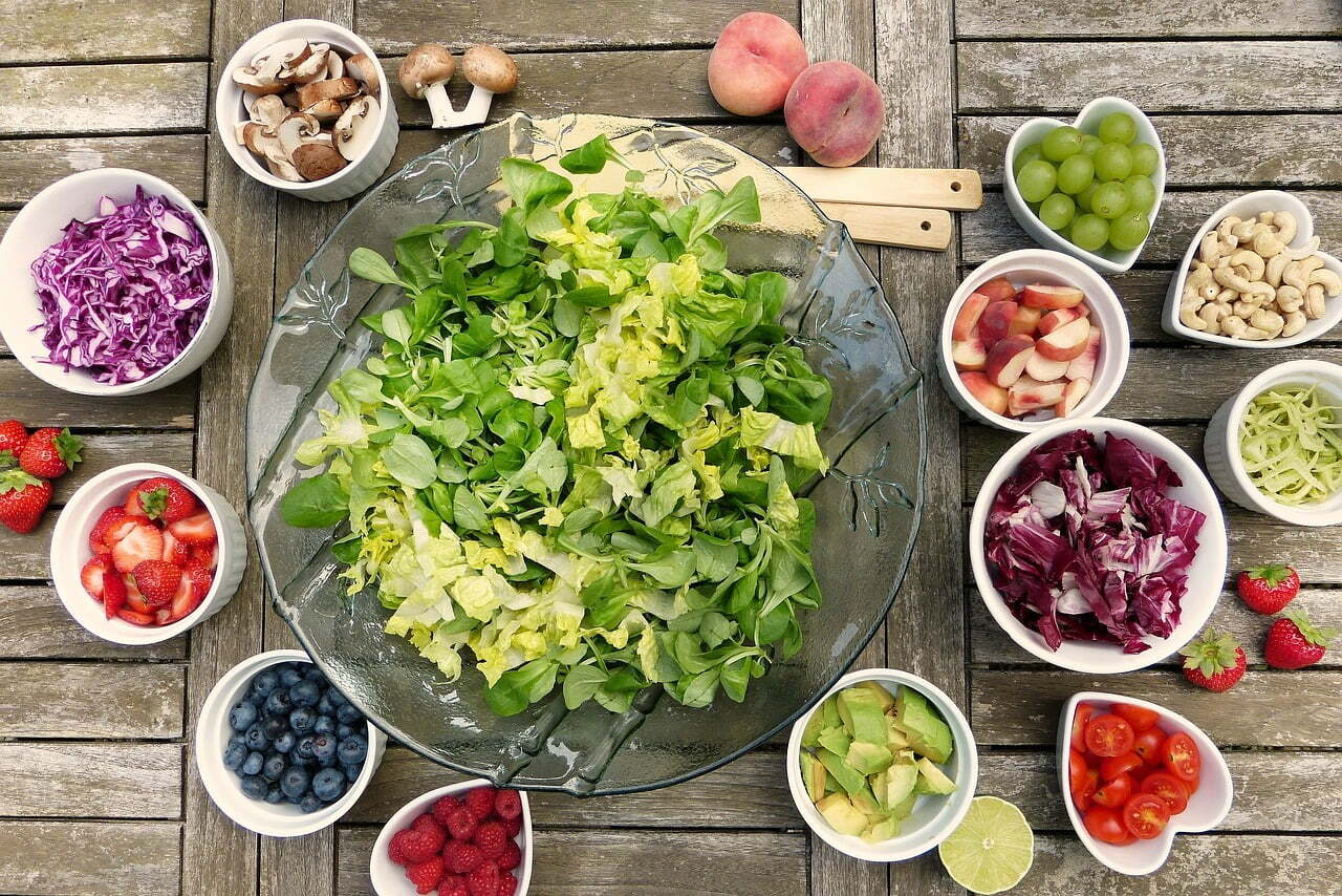 fruits and vegetables in bowls