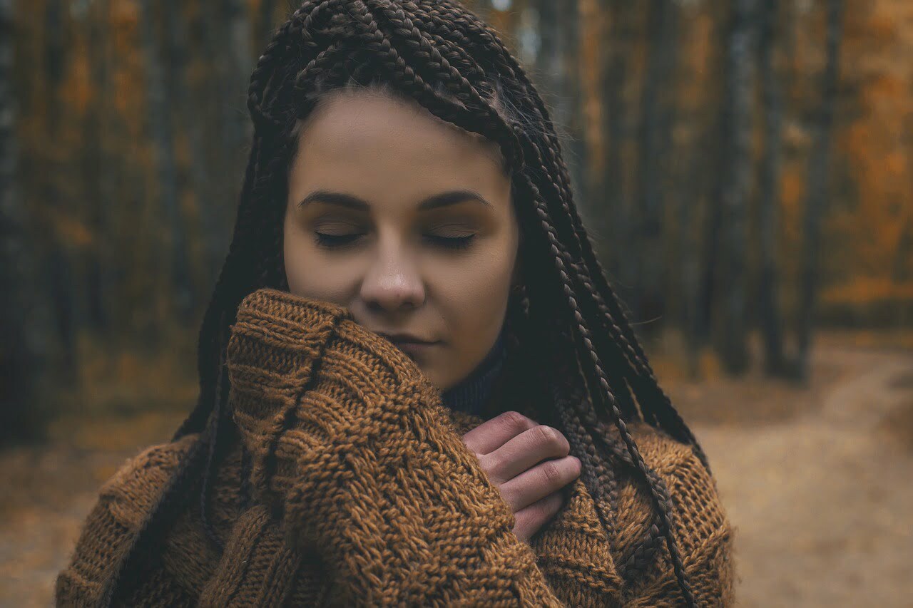 woman in woods close-up