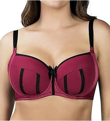 A woman wearing a pink and black padded bra
