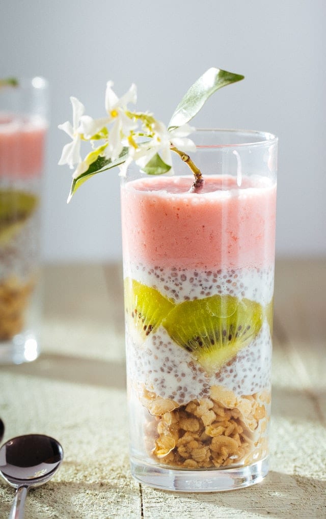 A clear glass of smoothie recipe